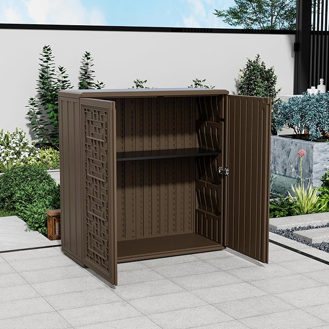 Storage Box Outdoor Caninet,Resin Indoor Storage Box Waterproof Outdoor Storage Cabinets for Patio/Garden/Backyard, Size 34.3''L*15''W*36.2''H(Brown)