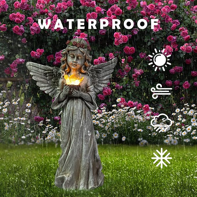 Angel Garden Statue Outdoor Decor, Angel Garden Figurine Hold Dove with Solar Lights Waterproof Resin Yard Art Decoration Lawn Ornament Sculpture for Outside Patio Yard Gift