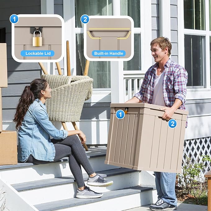 50 GallonOutdoor Storage Box,Resin Deck Boxes Waterproof, IndoorOutdoor Bin for Package Delivery, Patio Cushions, Gardening Tools, Lockable, UV Resistant