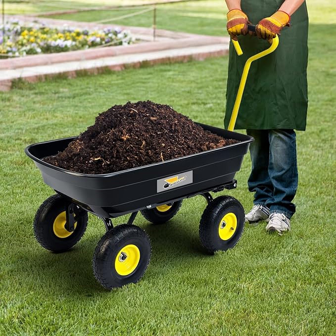 Garden Dump Cart, Heavy-Duty Utility Wagon with 600 lb Capacity, 4 Cu Ft Bed, 10" Pneumatic Tires, 180° Pivot Steering for Yard, Lawn, and Beach Use