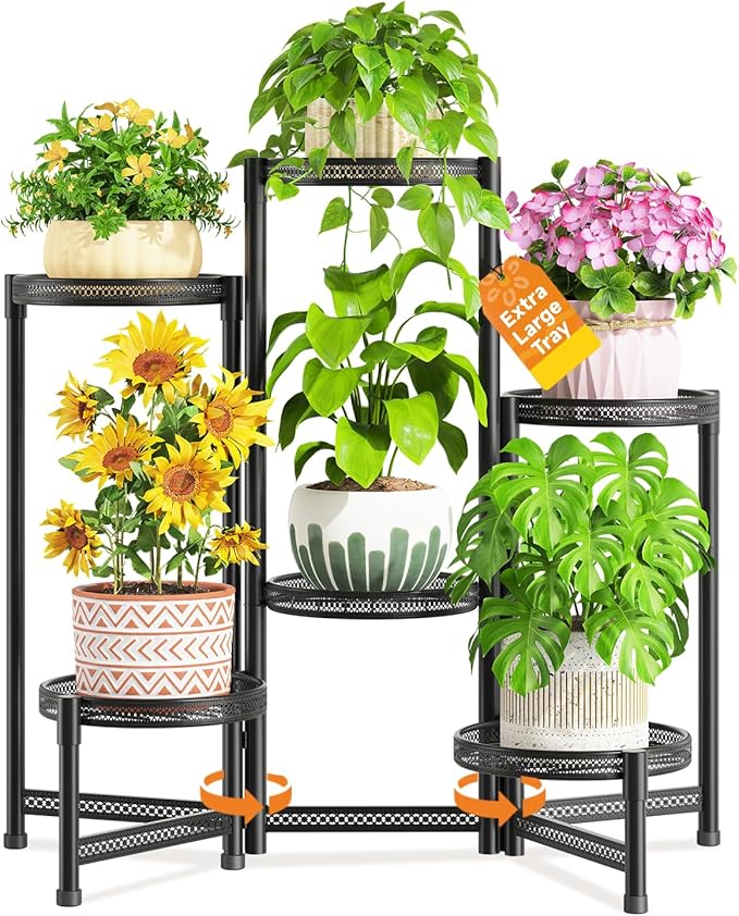 LASZOLA 6 Tiered Folding Tall Plant Stand for Indoor Outdoor Corner, Larger Heavy Duty Metal Adjustable Multiple Rack with 10 Inch Wide Hollow Tray, Flower Planter Holder for Modern House Patio, Black