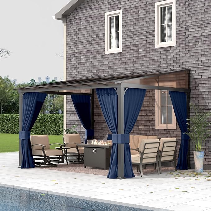 Gotland 10FTx12FT Outdoor Wall-Mounted Hardtop Pergola, Metal Frame Gazebo with Sloping Sun Panel Roof and Double Curtains for Patio, Garden, Lawn, Navy