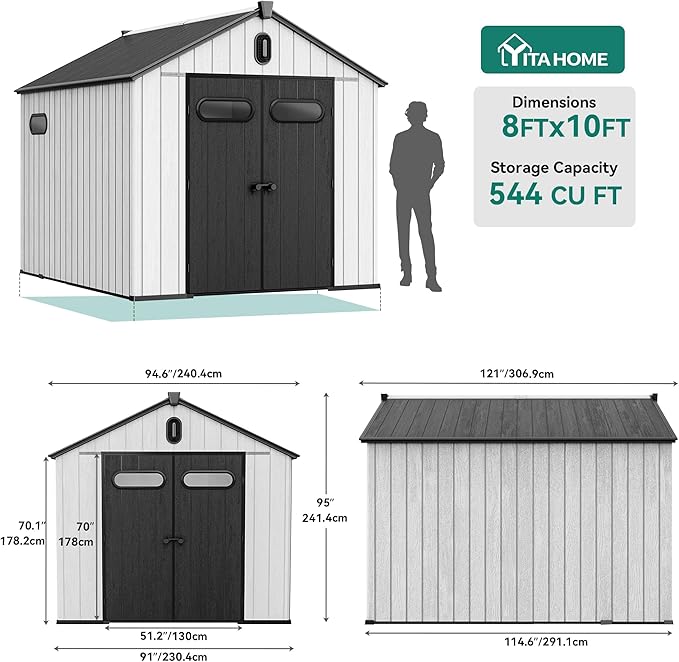 YITAHOME 8x10ft Resin Storage Structure, Outdoor 544 cuft Plastic Garden Storage Unit with Windows, Vents and Lockable Entrance, Waterproof Tool Organizer with Flooring for Lawn Equipment,Gray