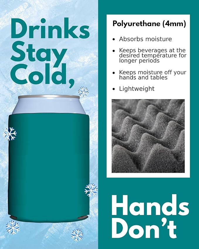 PartyPrints 25 Pack Teal Blank Can Cooler Sleeves, Customizable Bulk Insulated Foam for Beer, Collapsible Plain Drink Holder, Cold Soda Insulator, 12oz Regular, 16oz Tall Cans