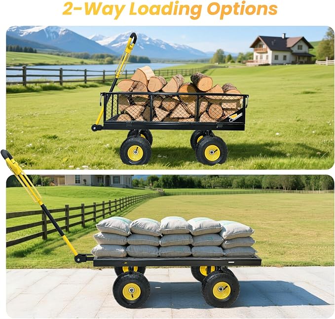 950 lbs Steel Garden Cart, Heavy Duty Yard Utility Wagon with 10" Pneumatic Tires, Removable Mesh Sides and 180° Rotating Anti-Slip 2-in-1 Convertible Handle