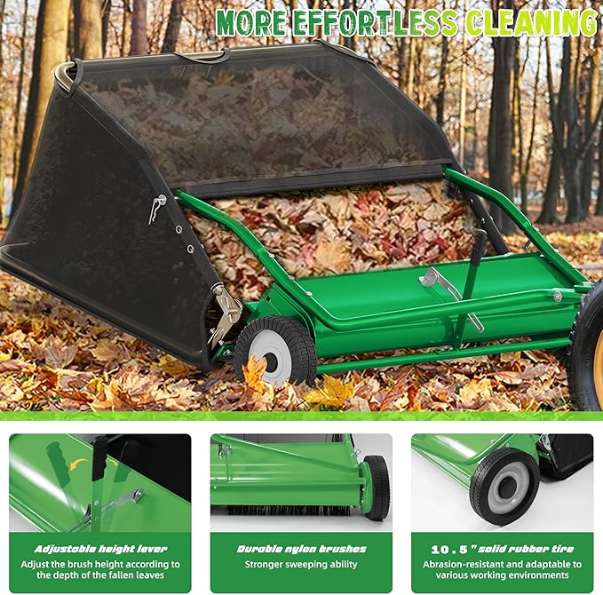 48" Lawn Sweeper Tow Behind - Pull Behind Grass Catcher with 25.16 cu. ft Large Hopper, Heavy Duty Leaf & Grass Collector, Adjustable Brush Height Lever and Dumping Rope, Lawn and Yard Cleanup Tool