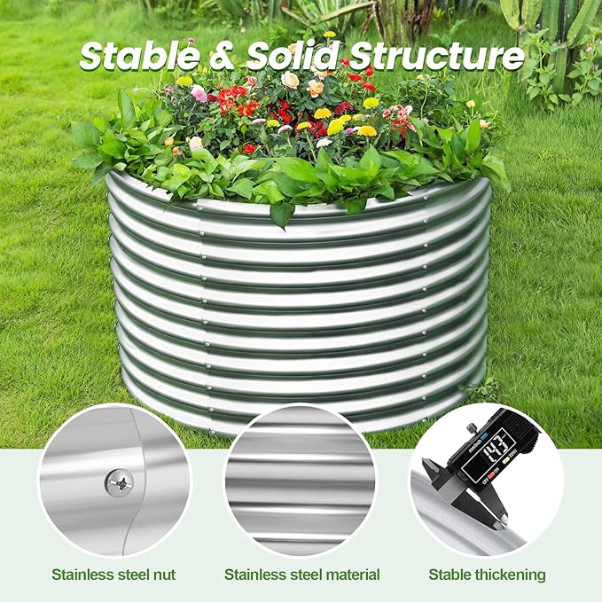 Land Guard 3×3×3ft Galvanized Raised Garden Bed Kit, Round Galvanized Planter Raised Garden Boxes Outdoor, Large Metal Raised Garden Beds for Vegetables, Silver