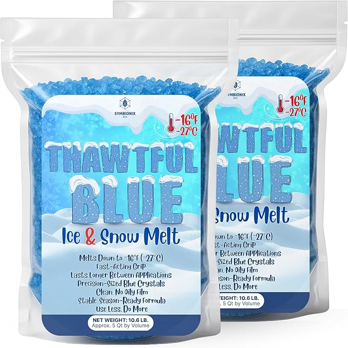 Thawtful Blue Ice & Snow Melt – Snow Melt, Rock Salt, Driveway & Sidewalk Salt for Ice, Blue Granular Rock Salt, Melts to −16°F (−27°C) – Resealable Zip Bag (10 QUARTS - 21.3 lb.)