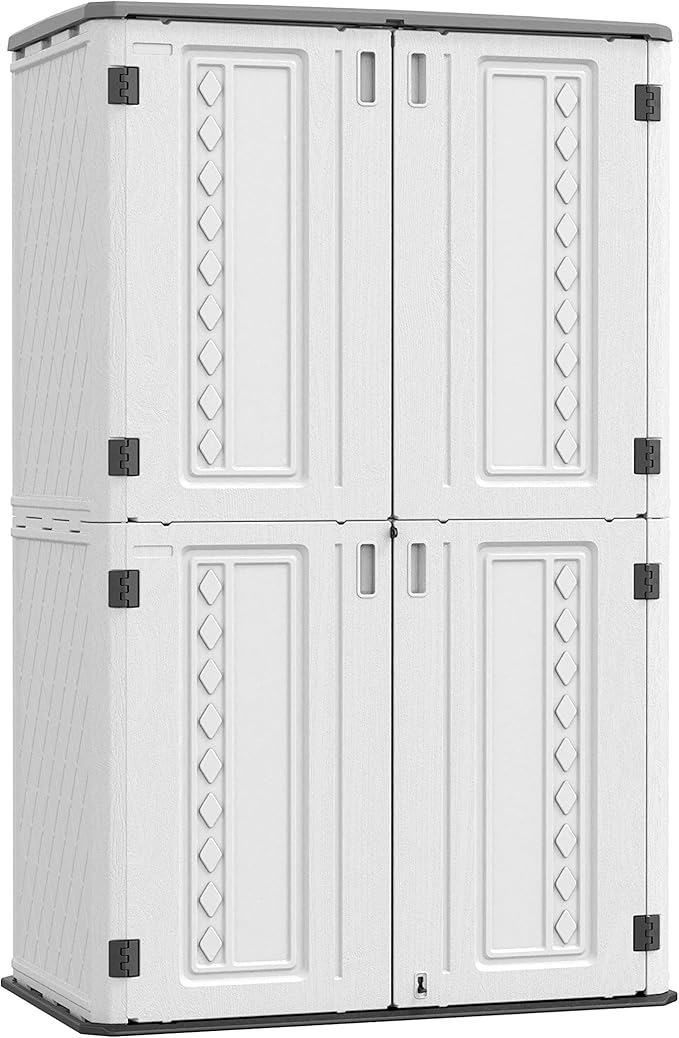 ADDOK Vertical Outdoor Storage Shed with Floor, 54 Cu Ft Outdoor Storage Cabinet with Lockable Double Doors, All-Weather Durable Plastic Construction for Patio, Backyard, Lawn and Garden, White