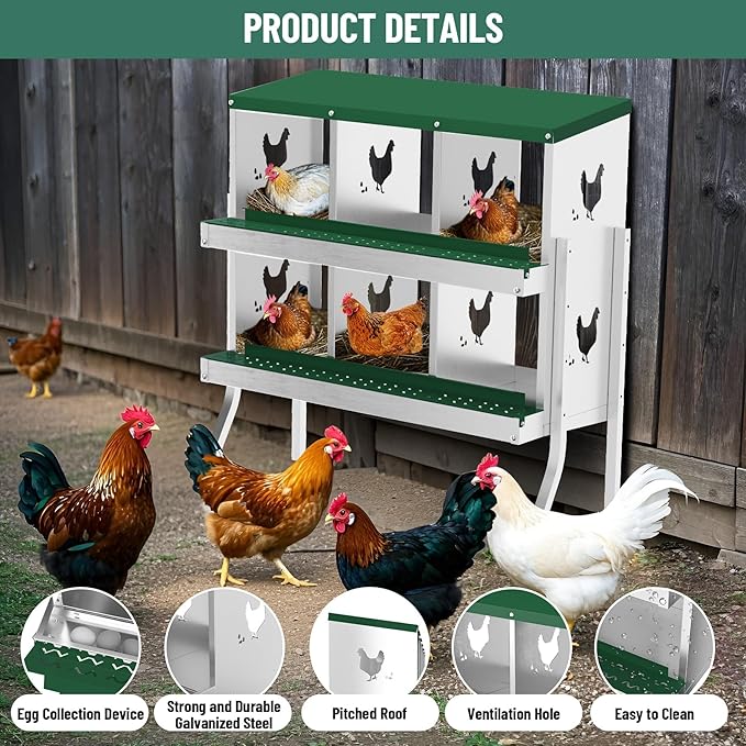 Chicken Nesting Boxes,6 Compartments Galvanized Steel Metal Laying Boxes with Leg,Pull-Out Egg Box Easy Egg Collection & Clean,Wall Mount Suitable for Farm Chicken House,Green