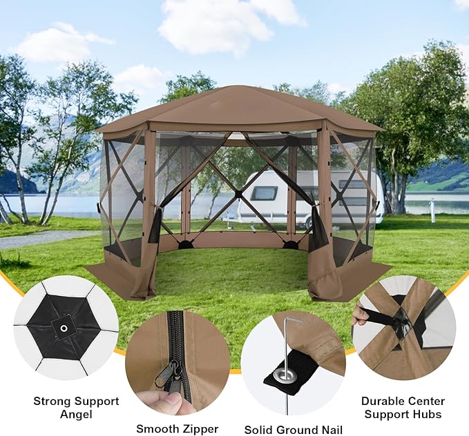 COBlZl 12x12 pop up Gazebo on Clearance Screen Canopy Tent for Camping,Outdoor Instant Stargazing Gazebo,Portable Hub Tent with Removable Sidewalls,Pavilion for Backyard,Brown