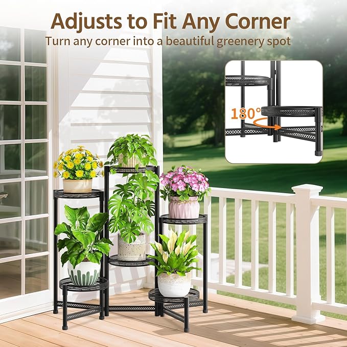 LASZOLA 6 Tiered Folding Tall Plant Stand for Indoor Outdoor Corner, Larger Heavy Duty Metal Adjustable Multiple Rack with 10 Inch Wide Hollow Tray, Flower Planter Holder for Modern House Patio, Black