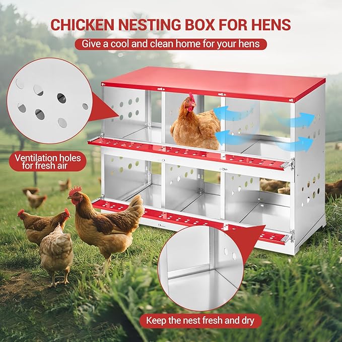 Heavy Duty Metal Chicken Nesting Box – 6 Compartments, Vented Holes, Swing Perch, Rollaway Egg Laying Box, Pull-Out Tray, Wall Mount, for Coops, Without Cover-Red, 96×48×71cm