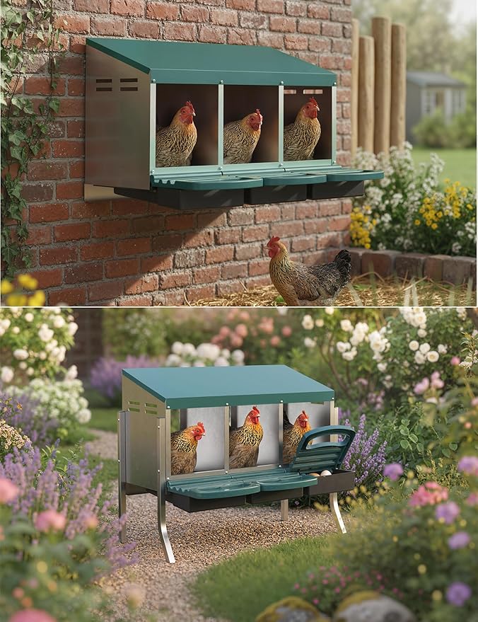 Chicken Nesting Boxes, 3 Hole Metal Rollaway Nest Box for Laying Hens with Cleanable Pull-Out Trays Wall Mount or Placed Design for Easy Egg Collection & Cleaning(Includes Legs)