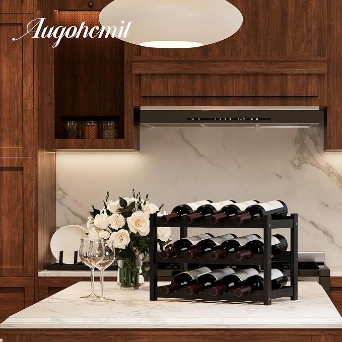 Wine Rack,Bamboo Wine Storage Cabinet Shelf,Countertop Wine Shelf- Freestanding Wine Holder for Kitchen & Pantry (Black, 3-Tier)