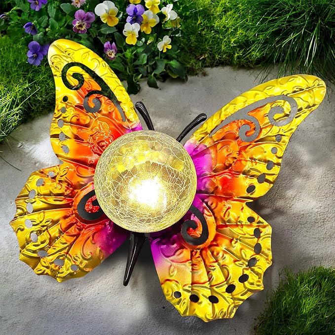 Solar Lights Outdoor Garden Butterfly Decor, Metal Butterfly Statue Decoration with LED Crackle Glass Globe, Solar Powered Lighted Garden Art Decor for Patio Lawn Yard Pathway Tabletop Ground