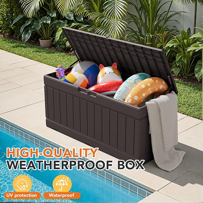 78 Gallon Deck Box Outdoor Indoor Waterproof Storage Box for Patio Furniture, Pool Accessories, Garden Tools, and Cushion Storage, Brown