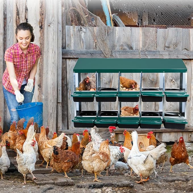 Chicken Nesting Box, 10-Hole Metal Wall Mount Chicken Laying Boxes with Legs and Lid Cover, Easy to Assemble, Roll-Away Egg Design Nesting Boxes for Outdoor Chicken Coop & Farm Yard, Green