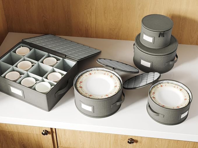 Hard Shell China Storage Containers – 5 Piece Set for Storing Dinner Plates, Salad Plates, Mugs, Quilted Dividers for Safe Moving and Seasonal Storage, Grey