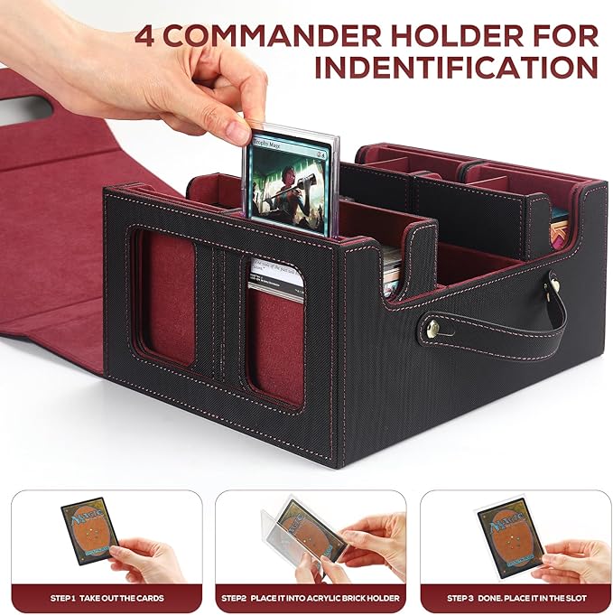 Trading Card Storage Box for MTG, card storage box with Commander Display,Multi-purpose Deck Case for MTG TCG Sports Card, 4 Toploaders, 4 Stoppers, 4 Colorful Dividers (Black & Red)