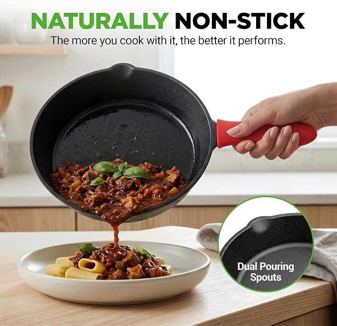 NutriChef 3pc Cast Iron Skillets - Pre-Seasoned Cast Iron Cookware with Drip Spout, Silicone Handles, For All Cooktops