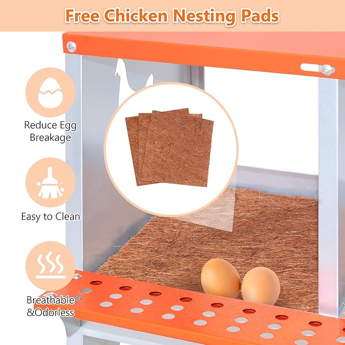 Chicken Nesting Boxes, 3 Rooms Hens Nest Box, Metal Poultry Nest Box Wall Mount for Chickens Egg Laying Box Collection Vented Holes Chicken Coop Cages Equipment, Orange (3 Rooms)