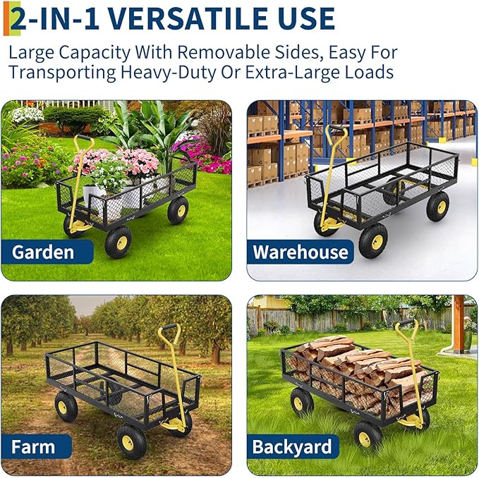 GarveeLife 900 LBS Garden Cart with Removable Mesh Sides, Heavy Duty Steel Garden Wagon with Adjustable Handles & 10 in Pneumatic Tires, Utility Wagon for Lawn Camping Farm Yard, Black+Yellow