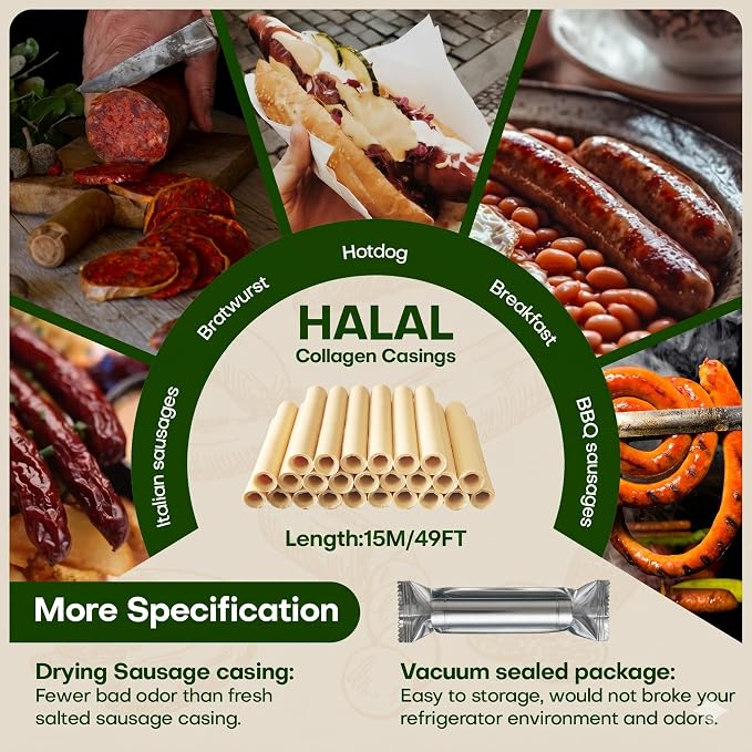 VONSYONG HALAL Sausage Casing, Grade A Edible Drying Collagen Sausage Casings for Flavorous Homemade Sausages 15m/49ft,Diameter 32mm/ 1 1/4'',1 Roll