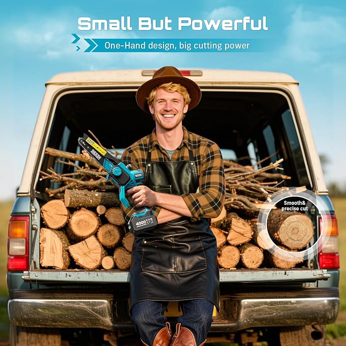 SEESII 8-Inch Cordless Mini Chainsaw, 2025 Upgraded Brushless Motor, Electric Chainsaw with 2×4000mAh Batteries, Tool-Free Chain Tension & Oiler, Handheld Saw for Fast Tree Branch Cutting(M8 Boost)
