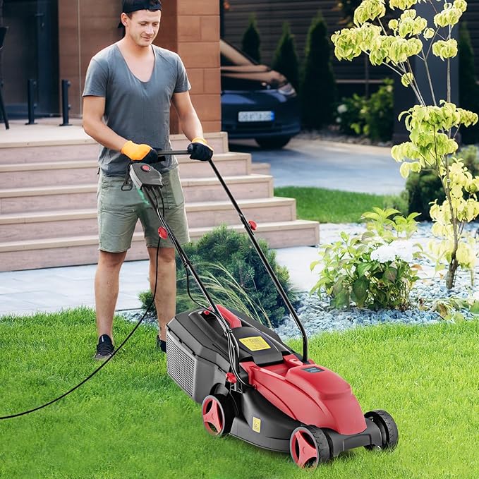S AFSTAR Electric Lawn Mower, 10-AMP 13-Inch Corded Walk-Behind Lawnmower with Collection Box, 3 Adjustable Height Position, Self Locking Function, Push Lawn Mower for Backyard