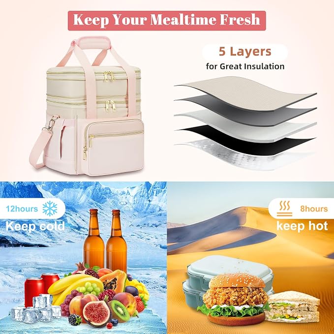 holuxer Insulated Lunch Bag & Lunch Box for Women - Double Deck Reusable Lunch Bag for men Tote Cooler Bag Leakproof Soft Expandable - Large Lunchbox for Work/Adult/Picnic/Outdoor (Pink,15L)