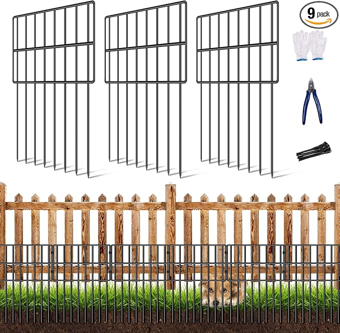 17in(H) x10ft(L) Garden Animal Barrier Fence, No Dig Decorative Fences, 1.5in Spike Spacing Rustproof Metal Garden Fence Border for Dogs Rabbits, Bottom Blocker for Outdoor Yard Patio