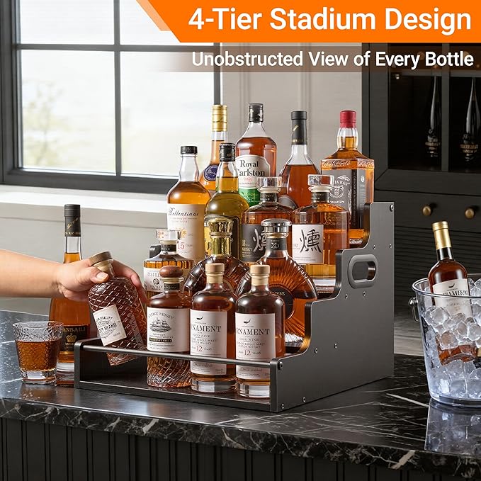 YQBRAO 4-Tier Liquor Bottle Display Shelf, Coffee Syrup Rack Organizer, Water Bottle Organizer, Mini Bar Cabinet, Rustic Bar Shelves for Liquor Whiskey, Spirits(Black)