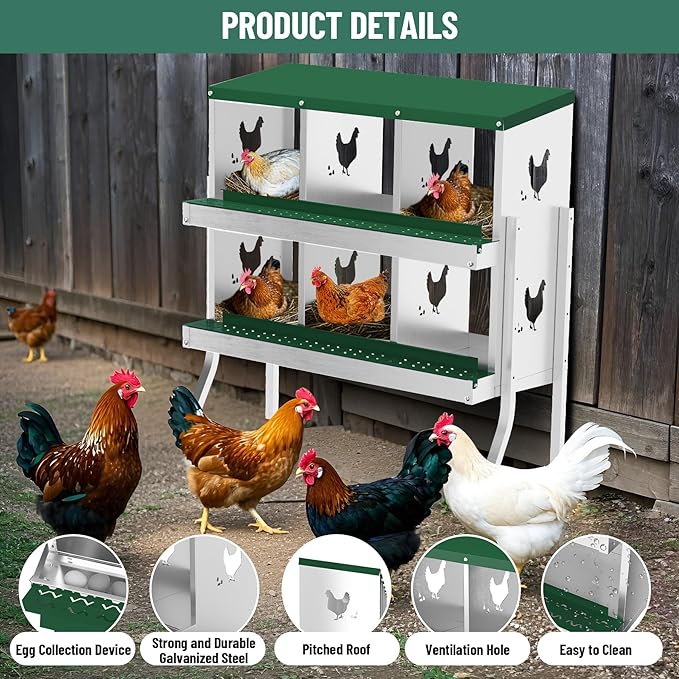 6 Holes Chicken Nesting Boxes, 2 Tiers 6 Compartments Metal Egg Laying Boxes with Legs, Wall Mount or Free Standing, Ventilated for Chickens, Hens, Ducks, Farm, Yard, Poultry Coop Accessories, Green