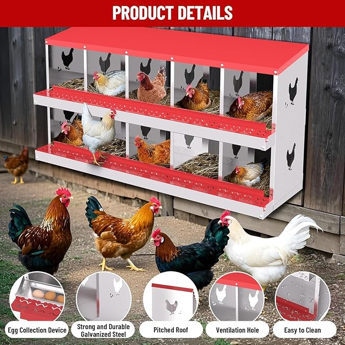 TrailBlaze Chicken Nesting Box 10 Compartments Laying Boxes, Metal Chicken Egg Laying Box with Rollout Egg Collection, Large Vented Holes Chicken Coop for Chickens, Hens (Red)