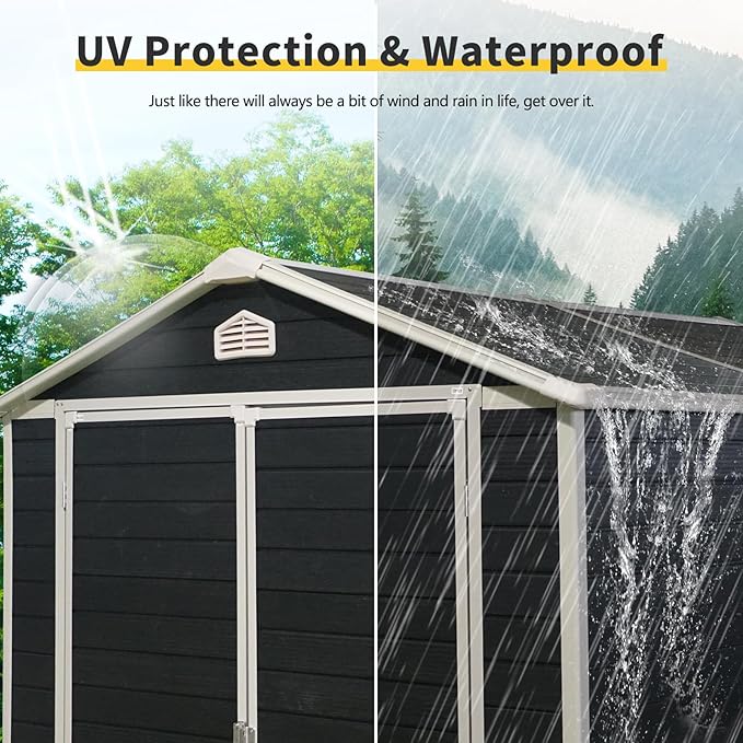 6x8 FT Outdoor Storage Shed, Resin Garden Shed with Thick Floor, Plastic Storage Shed with Window, Waterproof Outside Tool Shed with Lockable Hinged Doors for Backyard, Patio, Lawn, Black