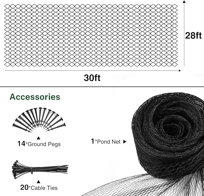 Pond Netting Cover for Leaves, 28 x 30 Koi Pond Net Cover, Durable & Sturdy Pond Netting for Koi Ponds, Protect Koi Fish Against Herons, Raccoons, Cats & Predators, 14pcs Stakes Included
