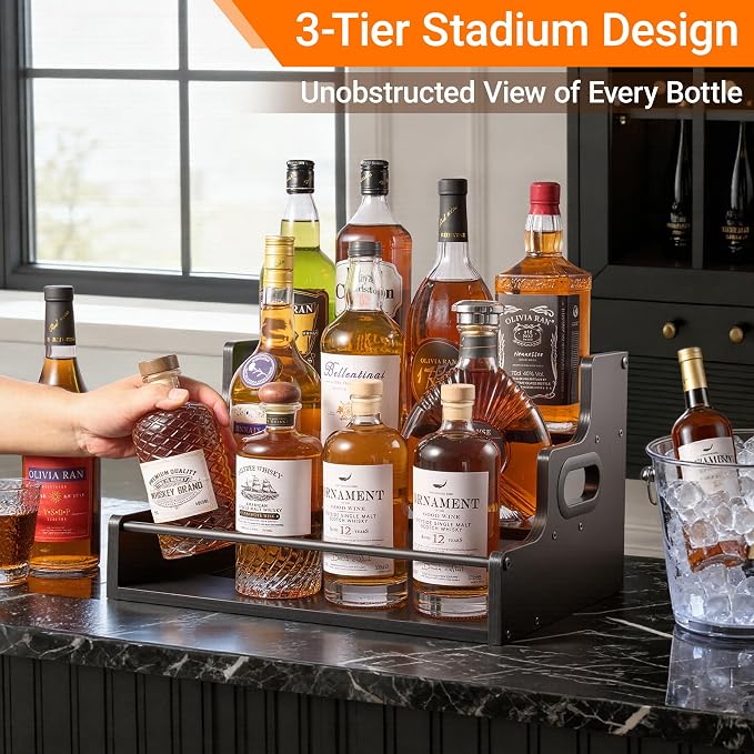 YQBRAO 3-Tier Liquor Bottle Display Shelf,Coffee Syrup Rack Organizer,Water Bottle Organizer, Mini Bar Cabinet, Rustic Bar Shelves for for Liquor Whiskey, Spirits(Black)