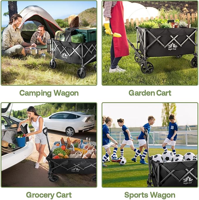 Night Cat Collapsible Wagon for Camping: 150L Garden Gart with Wheels Heavy Duty - Folding Utility Wagon for Outdoor