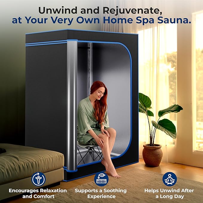 SereneLife Portable Sauna for Home, 2 Person Steam Sauna Tent with 4L Steamer, 2 Folding Sauna Chairs, Remote Control In-Home Spa, 71"x47" - inches (Black)