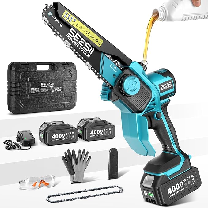 SEESII 8-Inch Cordless Mini Chainsaw, 2025 Upgraded Brushless Motor, Electric Chainsaw with 2×4000mAh Batteries, Tool-Free Chain Tension & Oiler, Handheld Saw for Fast Tree Branch Cutting(M8 Boost)