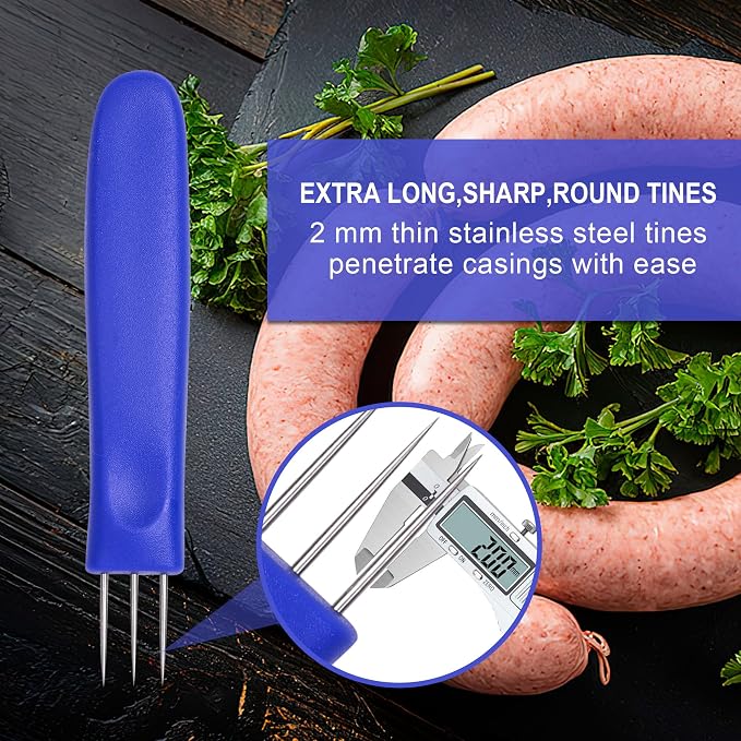 2 Pack 3-Prong Sausage Pricker, Stainless Steel Meat Needle Tool | 3-prong pricks prevent casing burst,Stainless steel, non-slip grip,2-pack for sausage making,Compact storage case included.