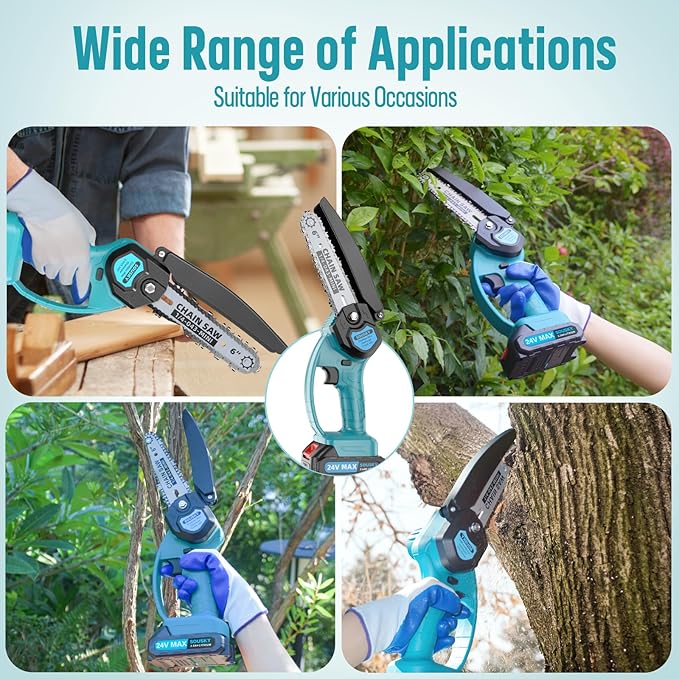 Mini Chainsaw Cordless, 6Inch Portable Small Chain Saw Battery Powered, Handheld Chainsaws with 2 * 24V 2.0MAH Powered Rechargeable Battery for Tree/Wood Cutting Trimming Craftsman Gardening Pruning