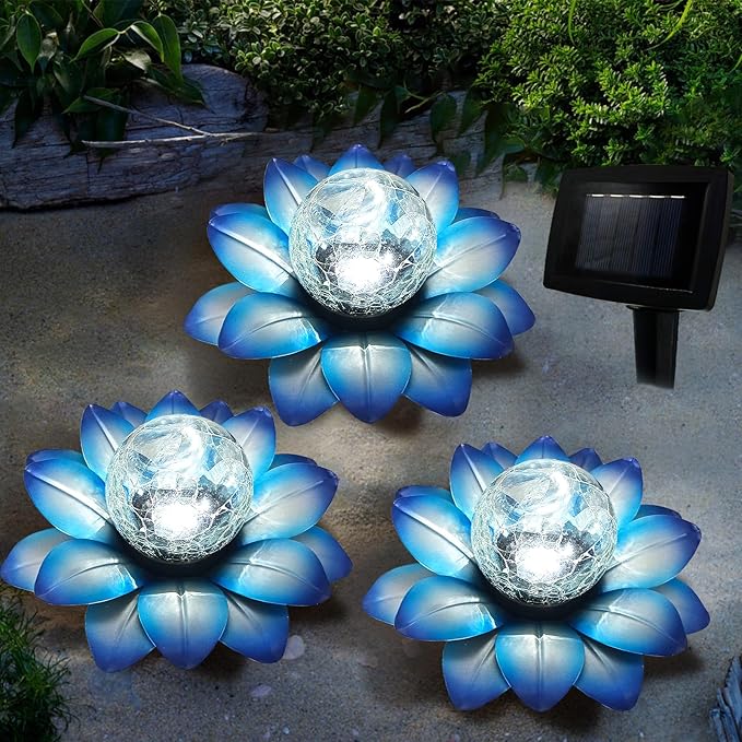LEWIS&WAYNE Solar Garden Lights Outdoor, 3 Pcs Blue Lotus Flower Pathway Lamps with Cool White Crackle Glass Globe Led Lights for Patio Pathway Yard Balcony Garden Decorations