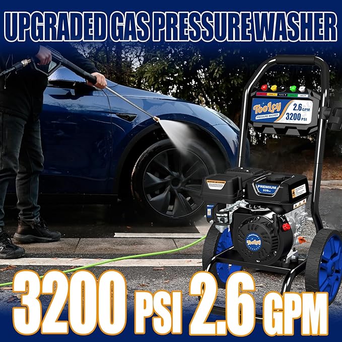 TOOLCY 3200 PSI Gas Pressure Washer, 2.6 GPM Gas Powered Power Washer Reinforced Pump & 209cc OHV Engine, 35FT Pressure Hose, Quick Connect Swivel Pressure Gun, 5 Nozzles for Homes (No Soap Tank)