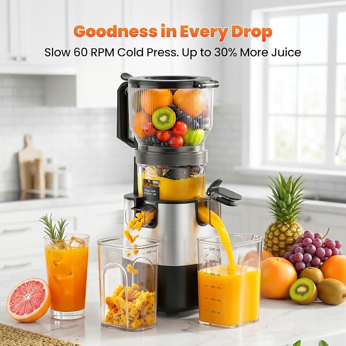 TechRise 3-in-1 Cold Press Juicer with 6" Wide Feed Chute, Slow Masticating Juicer Machine for Whole Fruits & Vegetables, Makes Juice, Fruit Sorbet & Nut Milk, Easy to Clean, BPA-Free, Space Silver