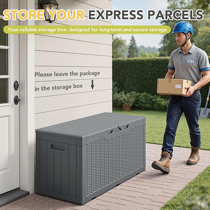 Greesum 100 Gallon Resin Deck Box Lockable Large Outdoor Storage Boxes for Garden Tools, Patio Furniture Cushions, Pool Supplies, Gray