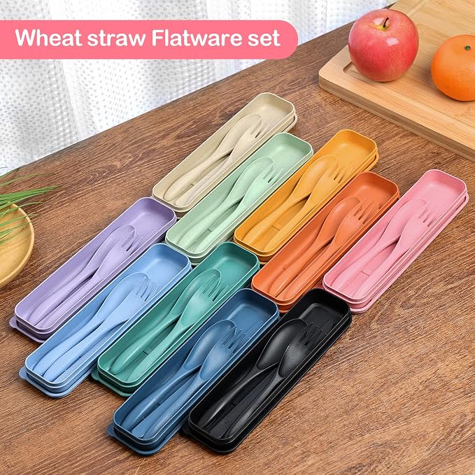 YDYTOP Reusable Travel Utensils Set with Case, 12 Sets Wheat Straw Portable Knife Fork Spoons Cutlery, Eco-Friendly BPA Free Plastic Tableware for Kids Adults School Lunch Party Picnic and Camping