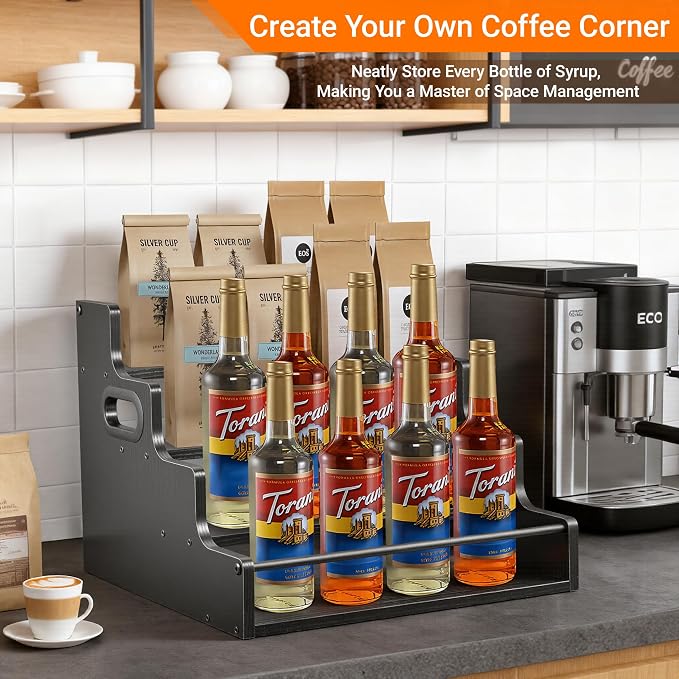 YQBRAO 4-Tier Liquor Bottle Display Shelf, Coffee Syrup Rack Organizer, Water Bottle Organizer, Mini Bar Cabinet, Rustic Bar Shelves for Liquor Whiskey, Spirits(Black)