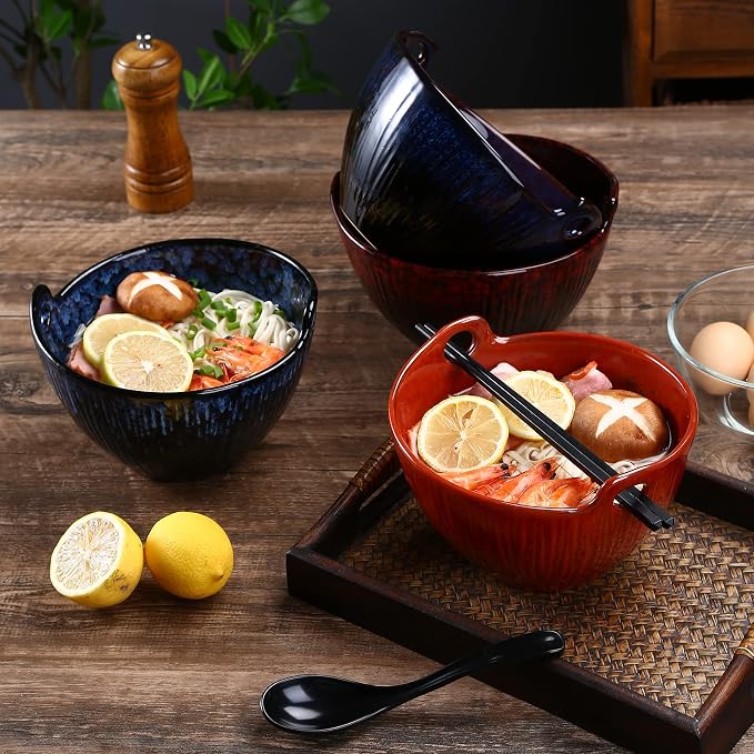 Ramen Bowl with Chopsticks and Spoons Set, 7 Inch Ceramic Noodle Bowl Set of 2, Donburi Bowl Dishwasher Safe for Pho Udon Soba Noodle Salad Pasta, Special Reactive Glazed Navy Bowls Set